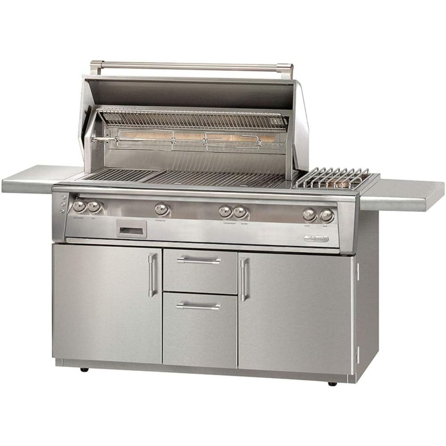 Alfresco Luxury Deluxe 56" Jet Black Matte SearZone™ Liquid Propane Grill with Sideburner and Deluxe Cart - 2 Burner + 1 Sear Burner + 20k BTU Sideburner