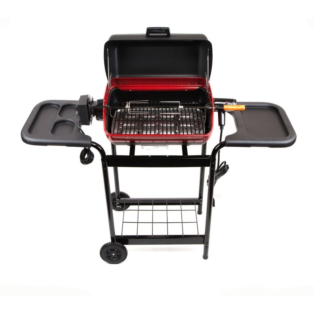 Americana 21" Black Electric Cart Grill with Polymer Side Tables Wire Shelf and Rotisserie