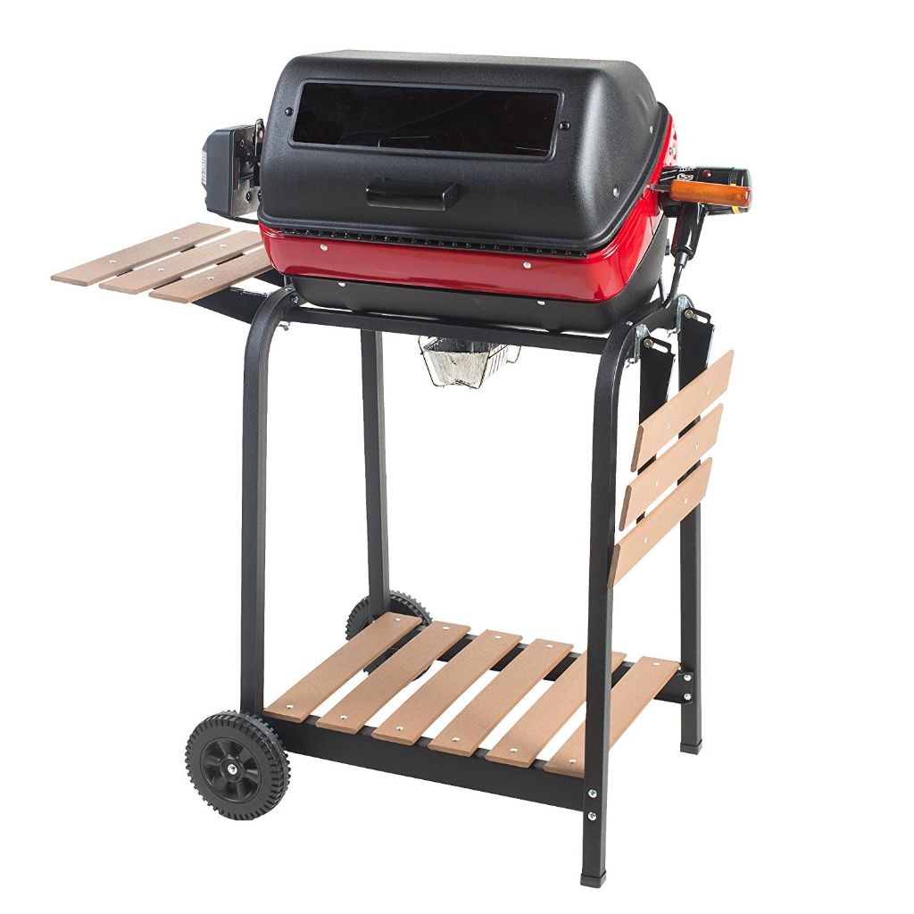 Americana 21" Electric Cart Grill with Two Folding, Composite-Wood Side Tables, Shelf and Rotisserie