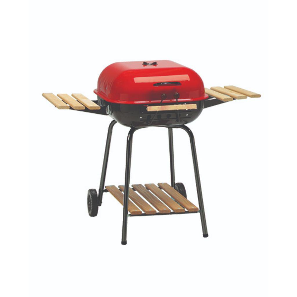 Americana 50" Red Swinger Charcoal Grill with Two Side Tables & Bottom Shelf
