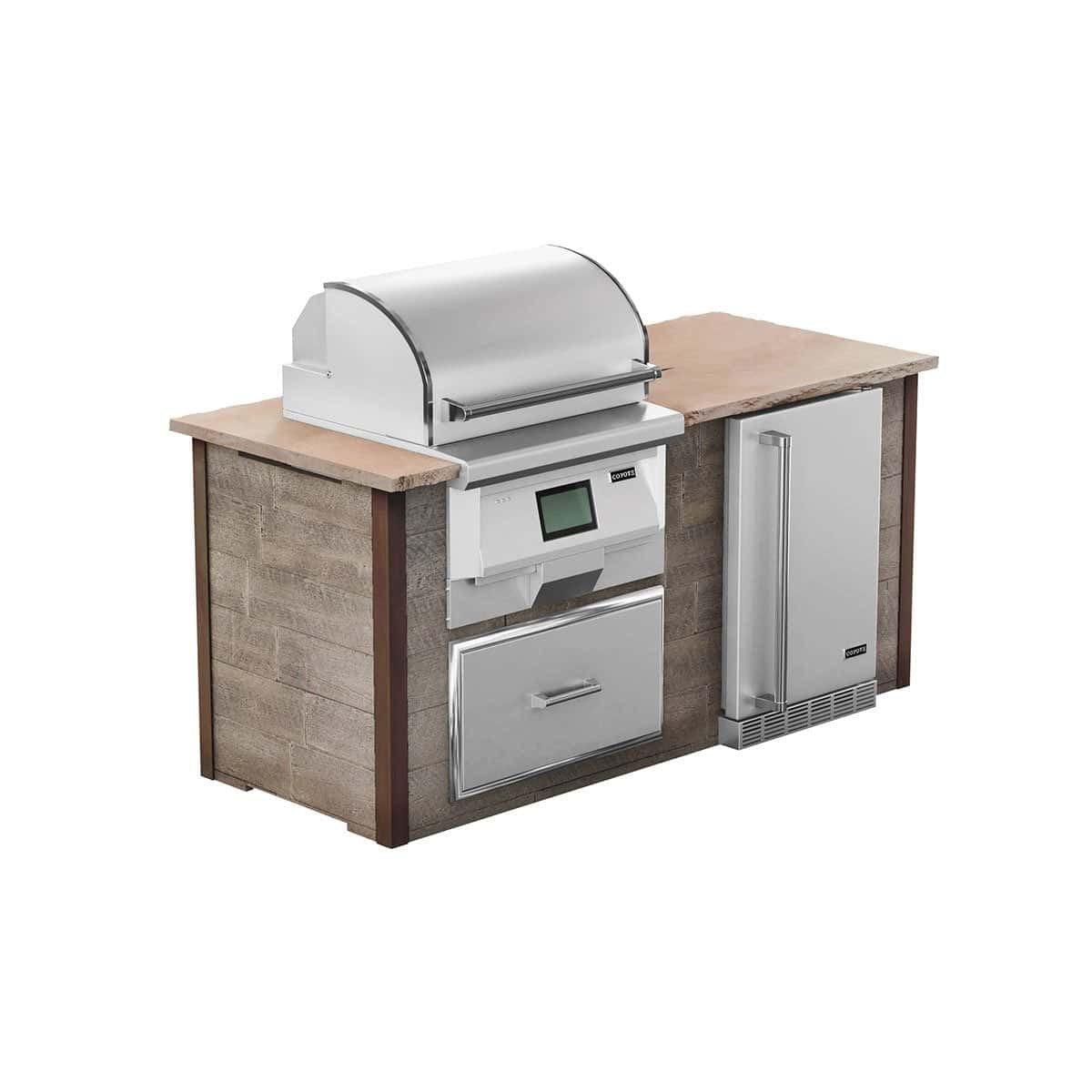 Coyote RTA 6ft Brown Weathered Wood Premium Pellet Grill Island With Refrigeration