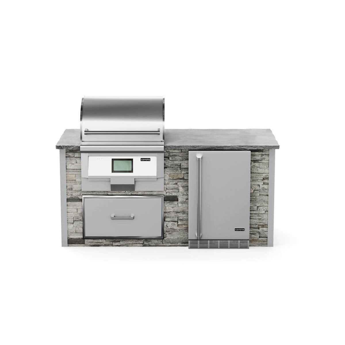 Coyote RTA 6ft Gray Stacked Stone Premium Pellet Grill Island With Refrigeration