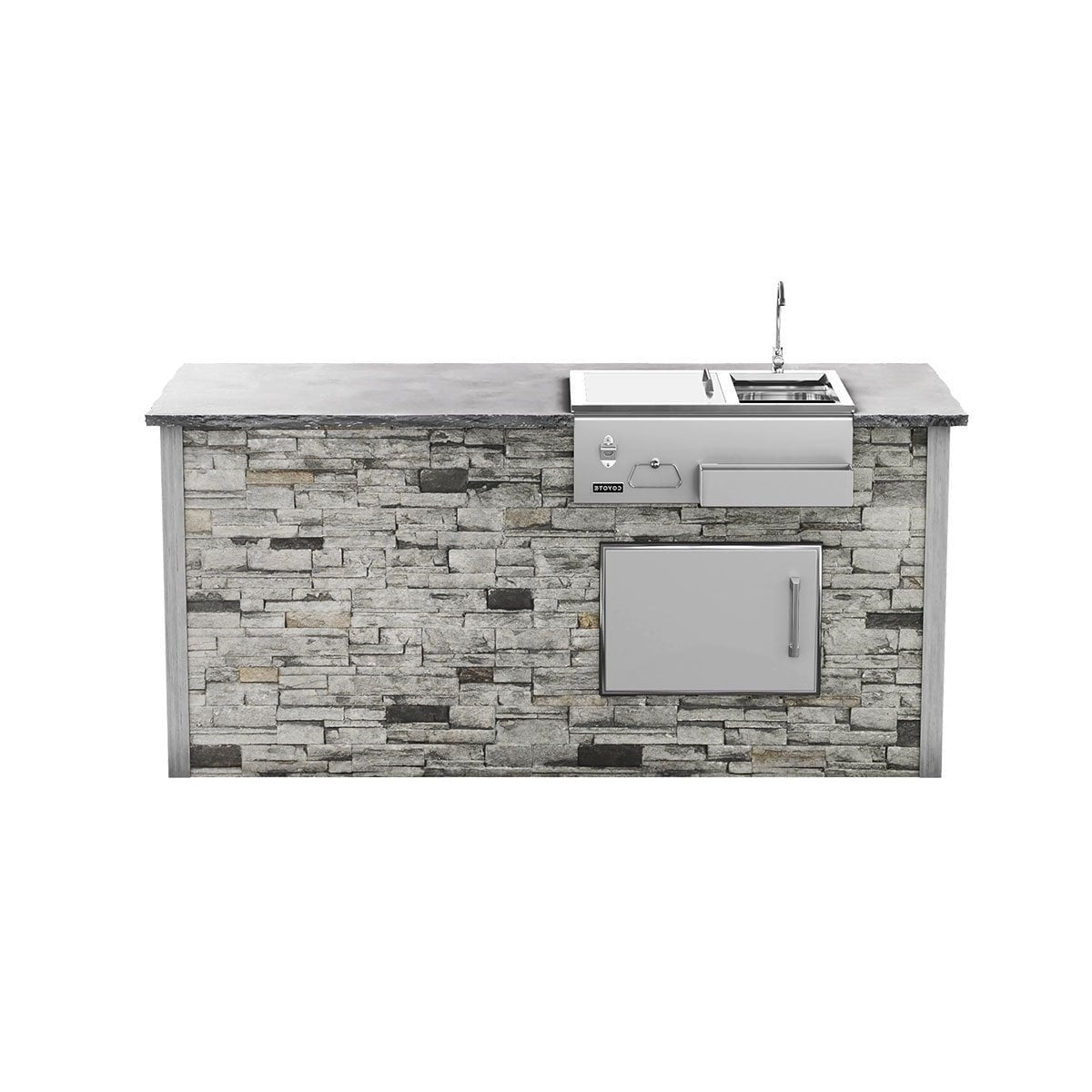 Coyote RTA 8ft Gray Stacked Stone Refreshment Bar Island on Right