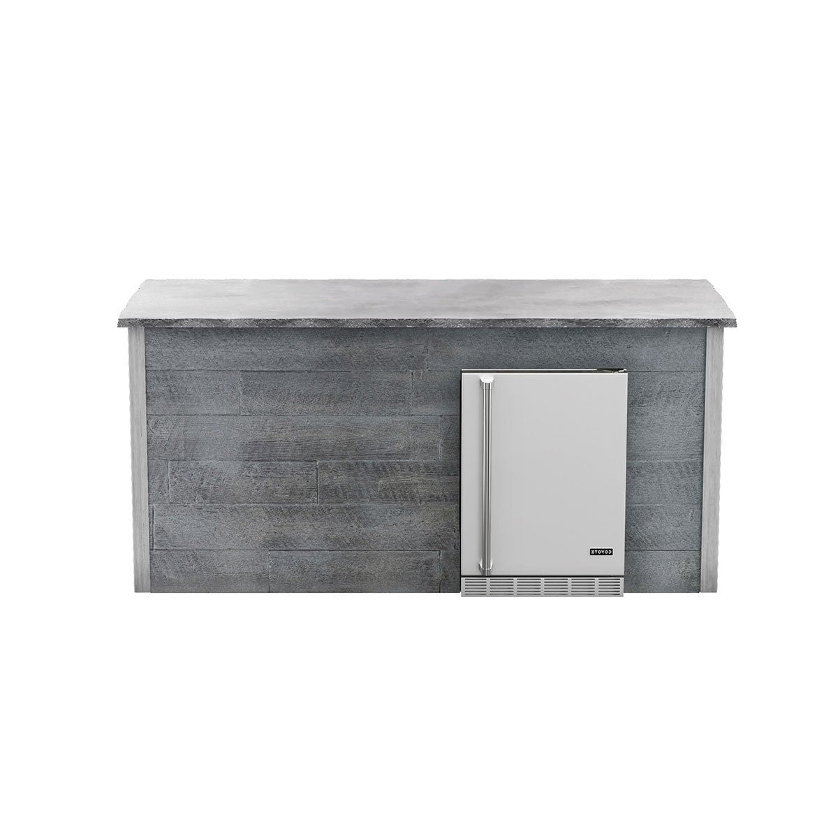 Coyote RTA 8ft Gray Weathered Wood Refrigeration Bar Island on Right