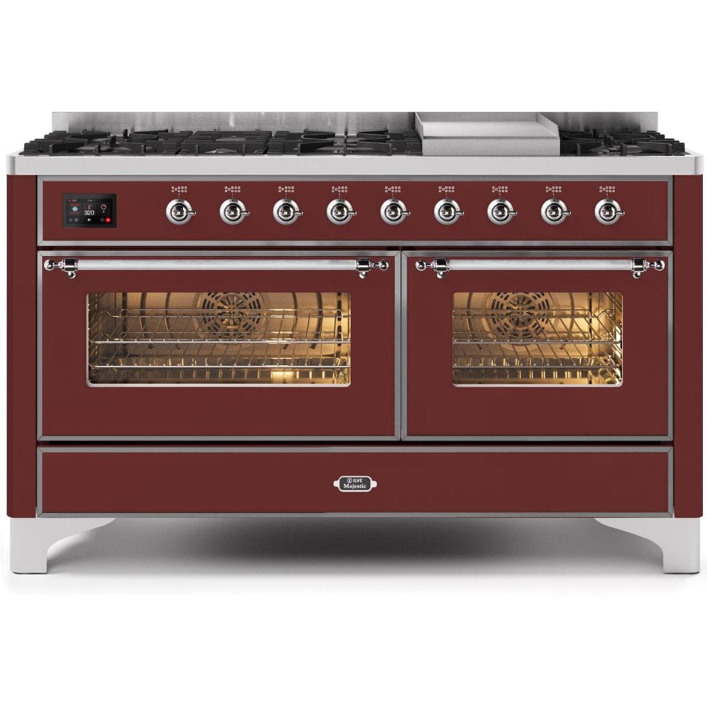 ILVE 60” 9 Sealed Burners Majestic II Series Freestanding Dual Fuel Liquid Propane Range with Trim