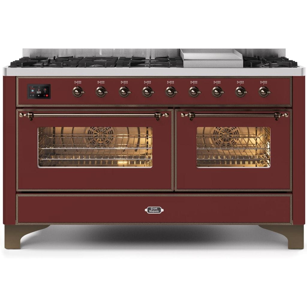 ILVE 60” 9 Sealed Burners Majestic II Series Freestanding Dual Fuel Liquid Propane Range with Trim