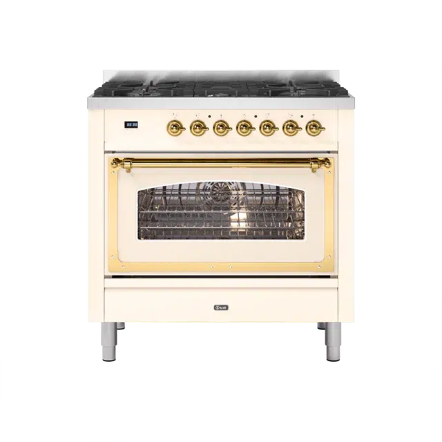 ILVE Nostalgie II Series Antique White Freestanding Single Oven Induction Range In Brass Trim With 4 Zones