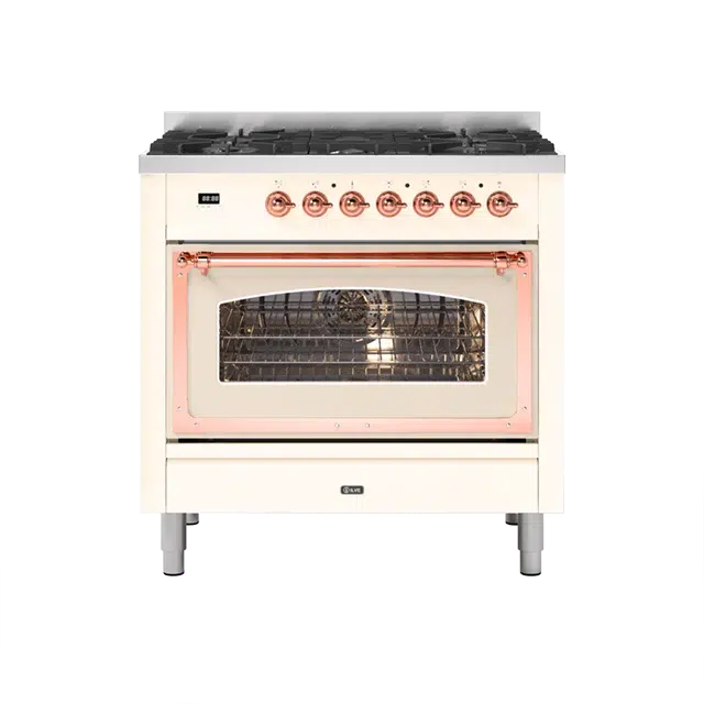 ILVE Nostalgie II Series Antique White Freestanding Single Oven Induction Range In Copper Trim With 4 Zones