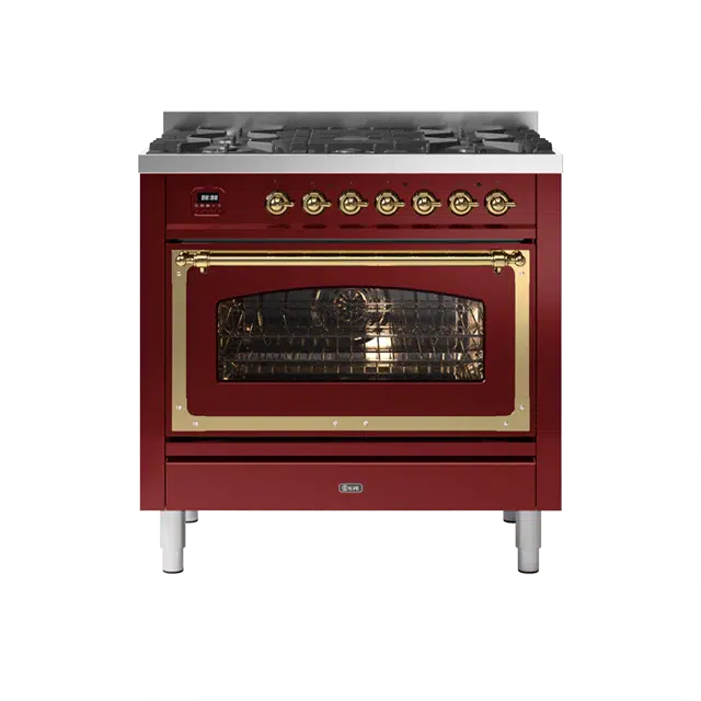 ILVE Nostalgie II Series Burgundy Red Freestanding Single Oven Induction Range In Brass Trim With 4 Zones