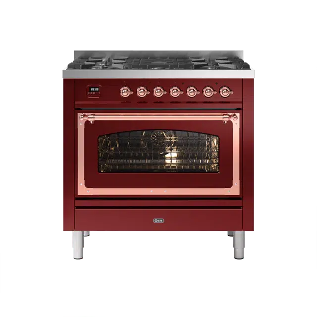 ILVE Nostalgie II Series Burgundy Red Freestanding Single Oven Induction Range In Copper Trim With 4 Zones