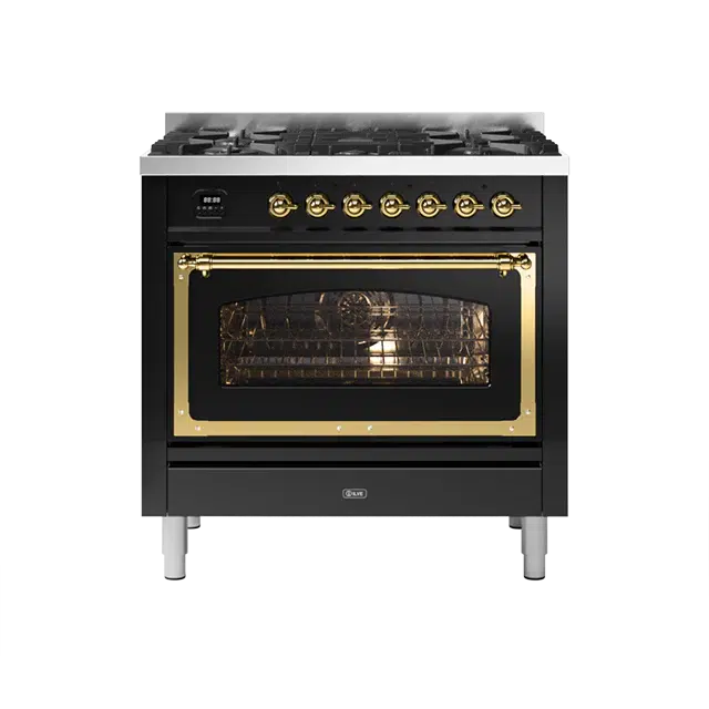 ILVE Nostalgie II Series Glossy Black Freestanding Single Oven Liquid Propane Range In Brass Trim With 5 Sealed Brass Gas Burners