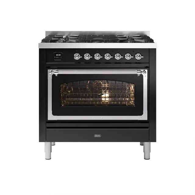 ILVE Nostalgie II Series Glossy Black Freestanding Single Oven Liquid Propane Range In Chrome Trim With 5 Sealed Brass Gas Burners