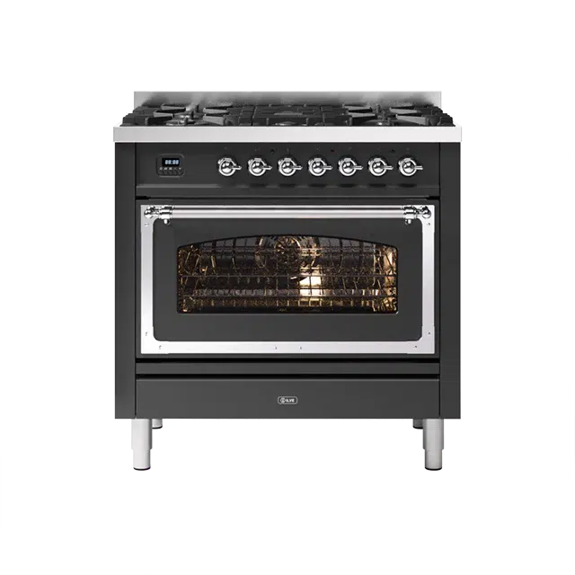 ILVE Nostalgie II Series Matte Graphite Freestanding Single Oven Natural Gas Range In Chrome Trim With 5 Sealed Brass Gas Burners