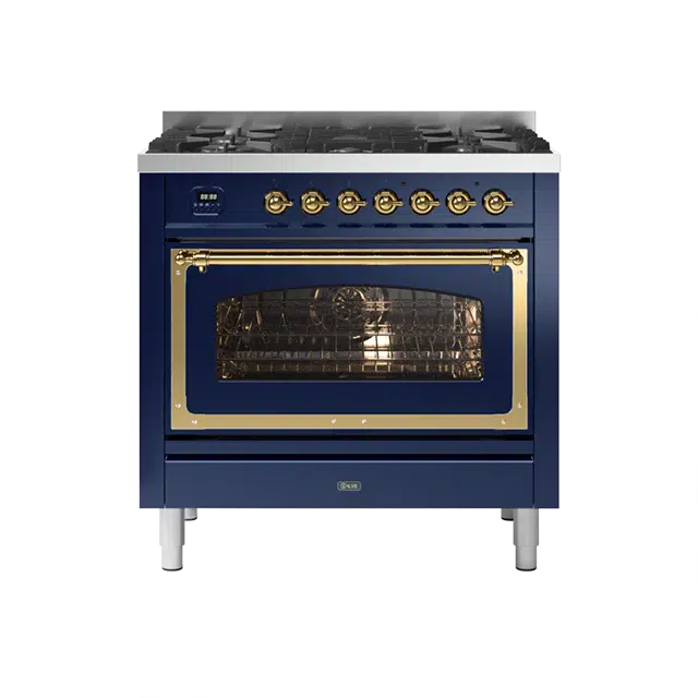 ILVE Nostalgie II Series Midnight Blue Freestanding Single Oven Induction Range In Brass Trim With 4 Zones