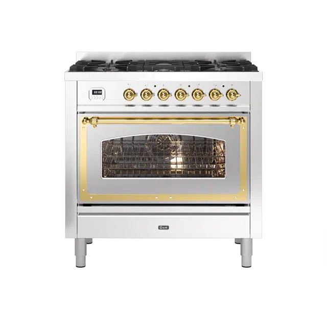 ILVE Nostalgie II Series Stainless Steel Freestanding Single Oven Natural Gas Range In Brass Trim With 5 Sealed Brass Gas Burners