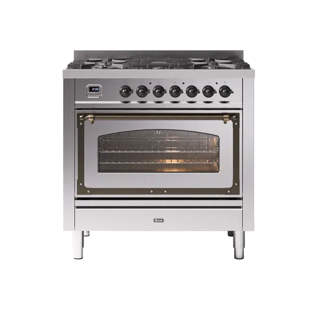 ILVE Nostalgie II Series Stainless Steel Freestanding Single Oven Natural Gas Range In Bronze Trim With 5 Sealed Brass Gas Burners