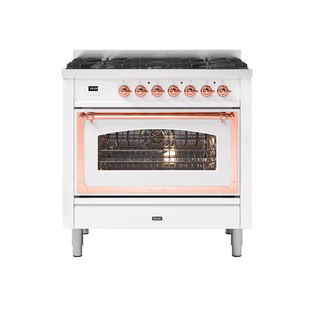 ILVE Nostalgie II Series White Freestanding Single Oven Induction Range In Copper Trim With 4 Zones