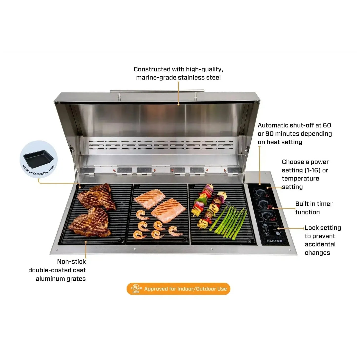 Kenyon Big American 41" 208V 3-Burner Two-Lid Built-In Electric Grill With IntelliKEN Touch Control And Mounting Holes