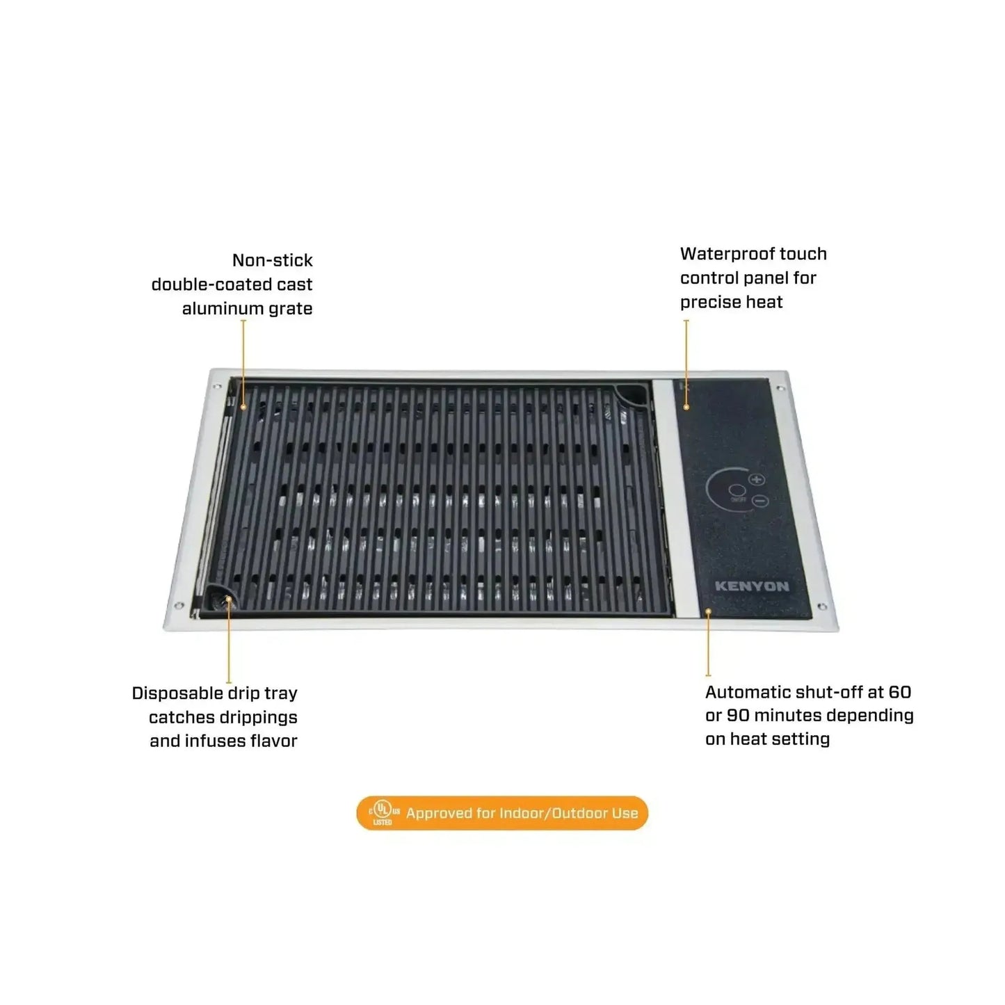Kenyon Frontier 21" 1-Burner Built-In 120V No Lid Electric Grill With GFCI 3-Prong Cord Plug