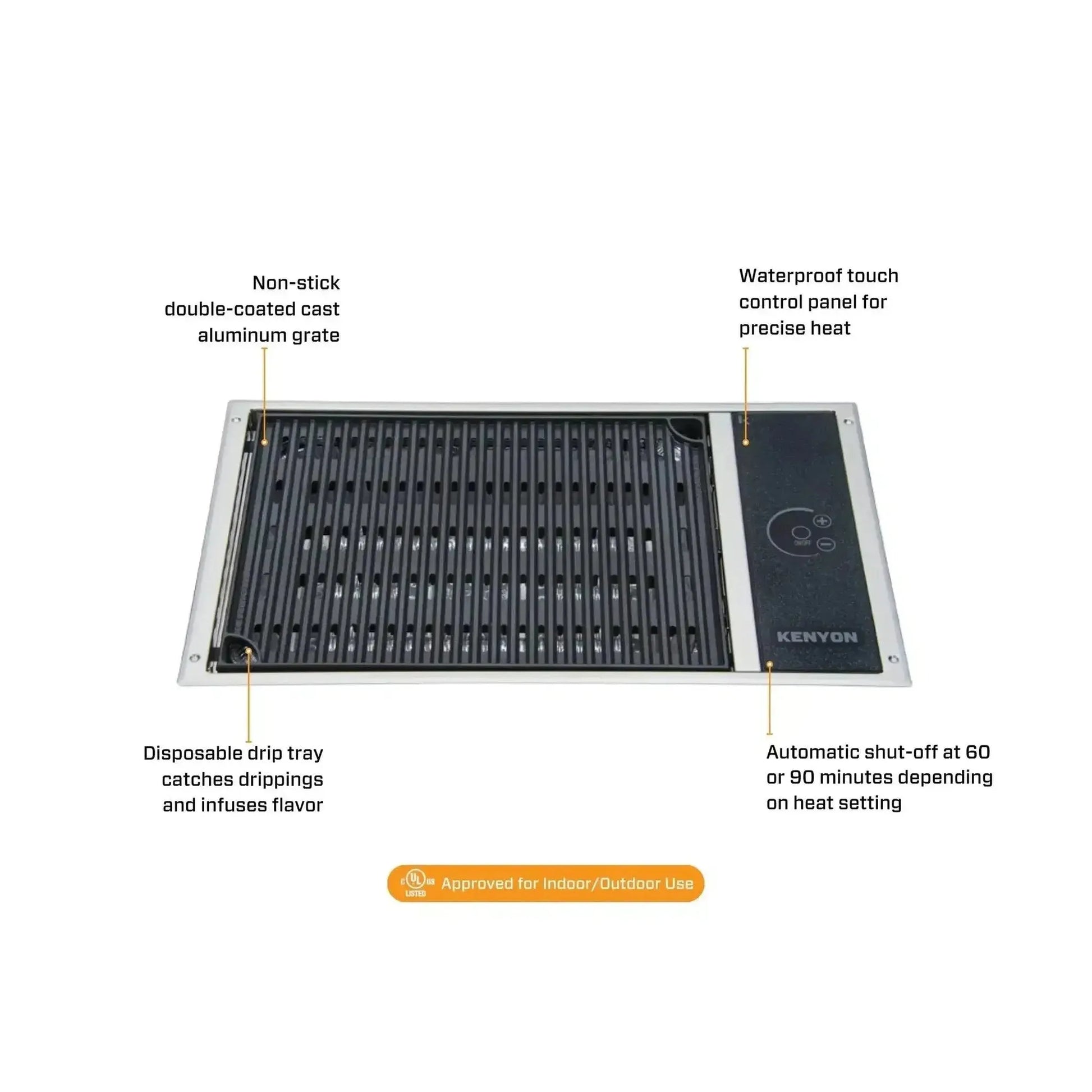 Kenyon Frontier 21" 1-Burner Built-In 120V No Lid Electric Grill With GFCI 3-Prong Cord Plug