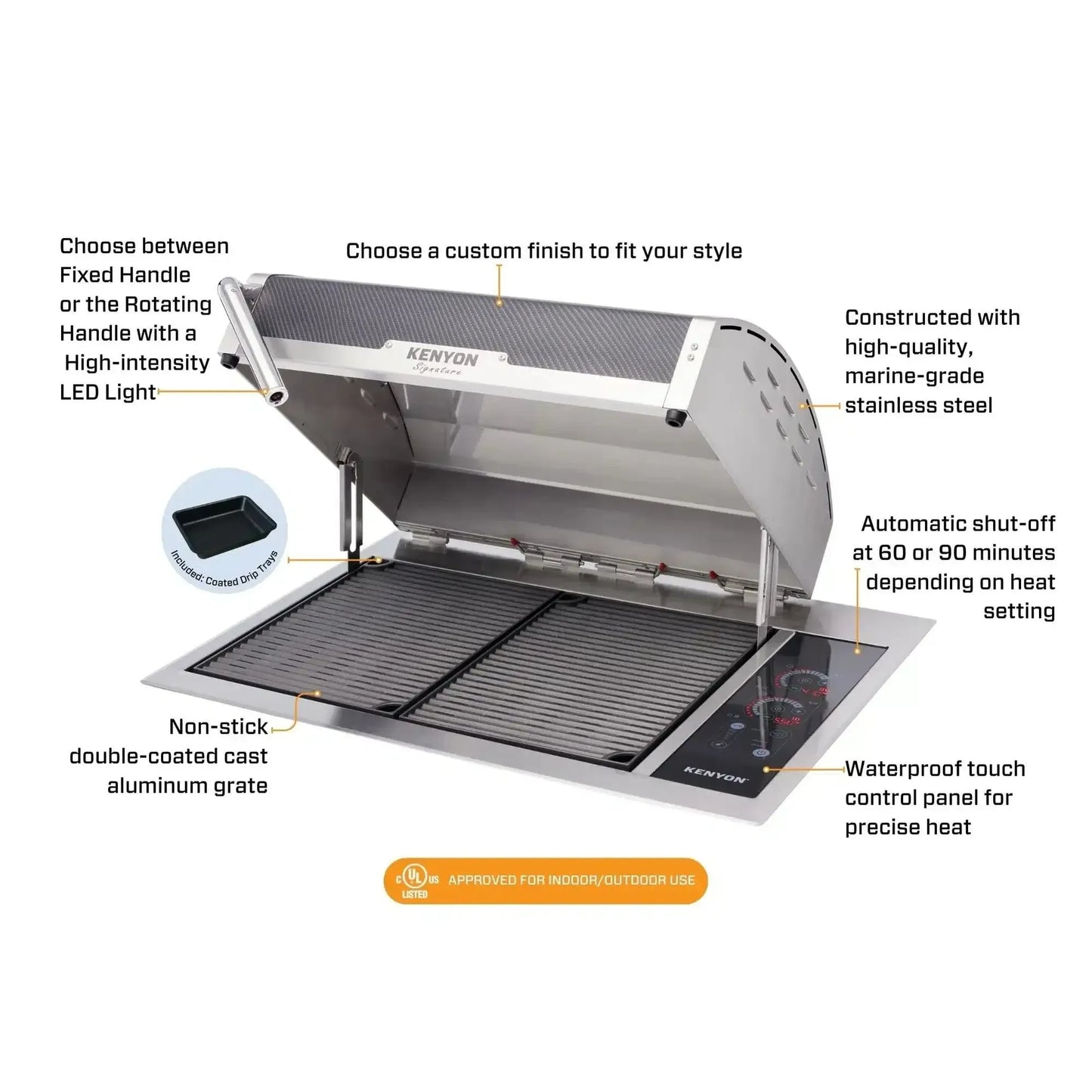 Kenyon Signature 30" 2-Burner Built-In 240V Electric Grill With IntelliKEN Touch Control And White Carbon Fiber Lid With Lighted Handle And Mounting Holes