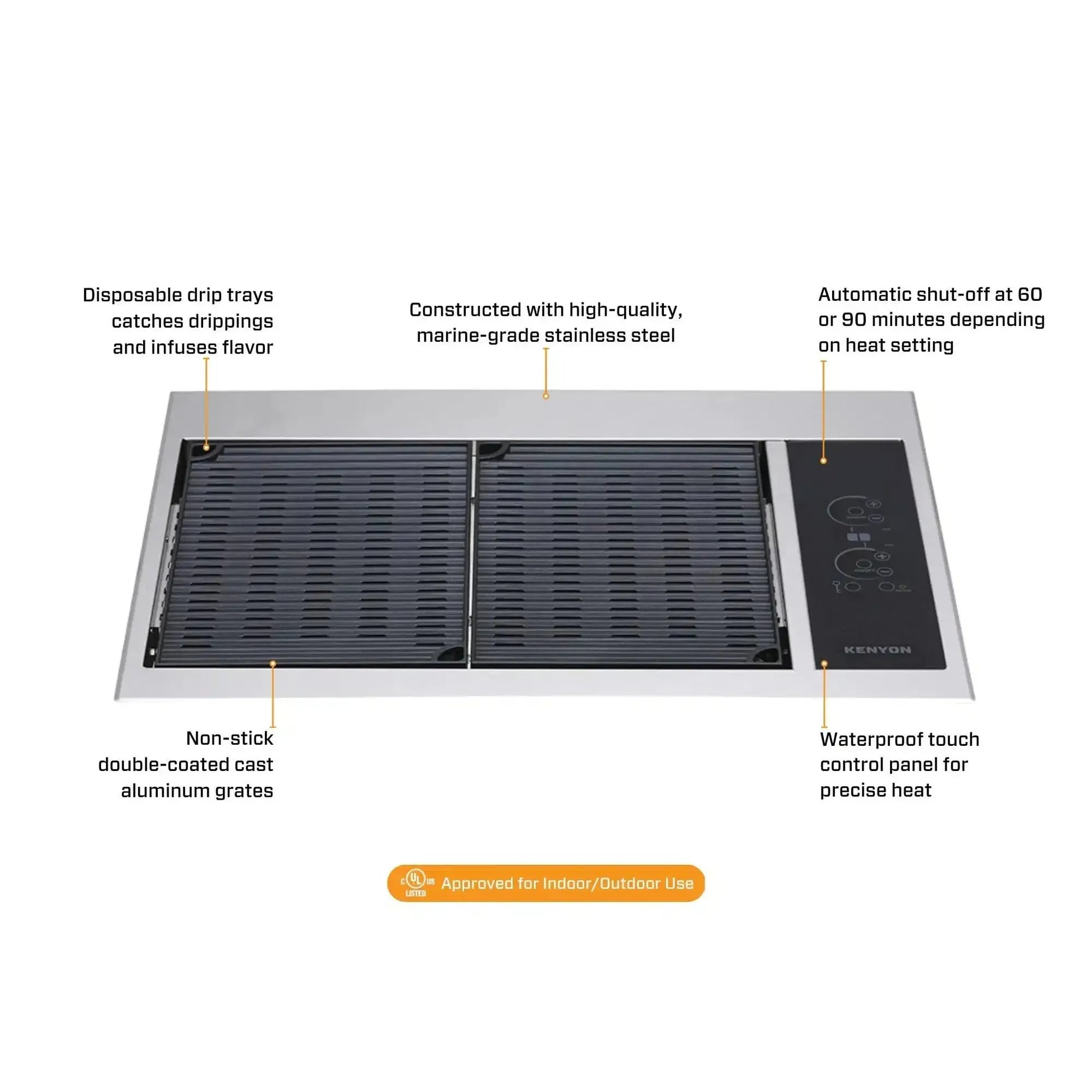 Kenyon Texan 30" 2-Burner Built-In No Lid 208V Electric Grill With Touch Control And Mounting Holes