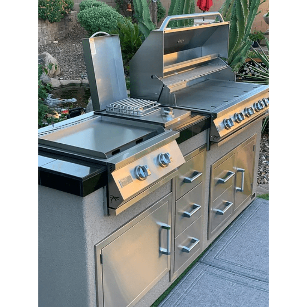 Kokomo Grills 7'6" Natural Gas BBQ Island With Teppanyaki Griddle, Built-in BBQ Grill With Side Burner and Storage Drawers