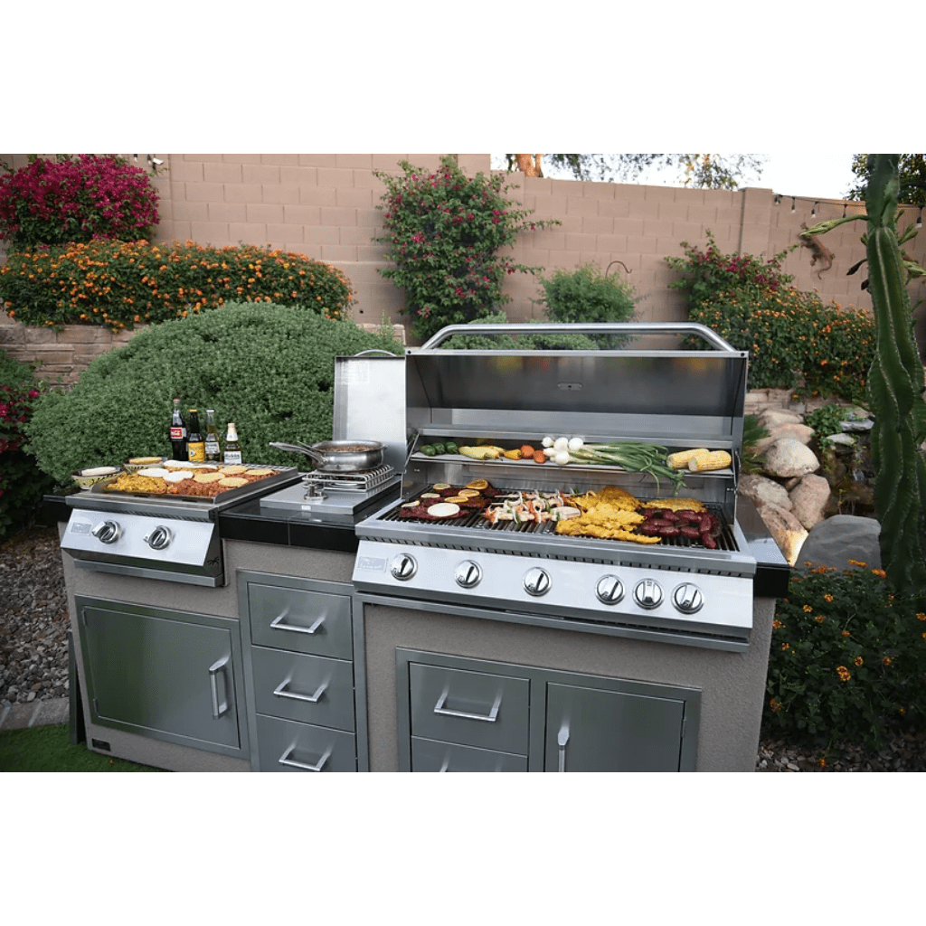 Kokomo Grills 7'6" Natural Gas BBQ Island With Teppanyaki Griddle, Built-in BBQ Grill With Side Burner and Storage Drawers