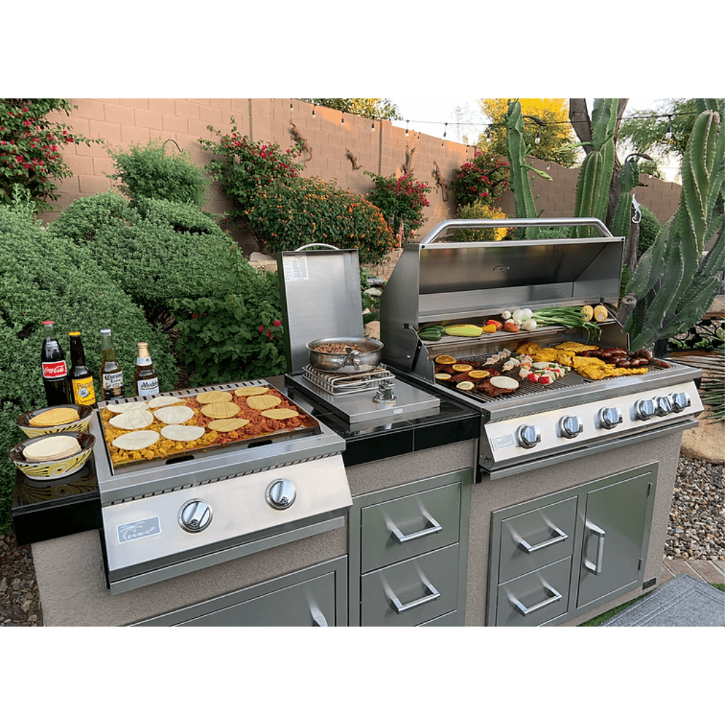 Kokomo Grills 7'6" Natural Gas BBQ Island With Teppanyaki Griddle, Built-in BBQ Grill With Side Burner and Storage Drawers