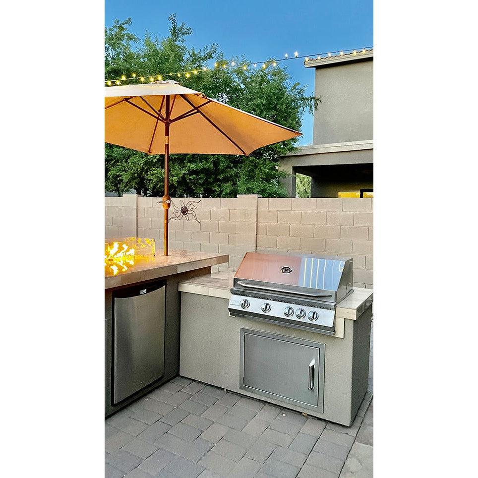 Kokomo Grills Baja L-Shaped Liquid Propane Gas BBQ Island With Fire Pit, 4 Burner BBQ Grill and Refrigerator