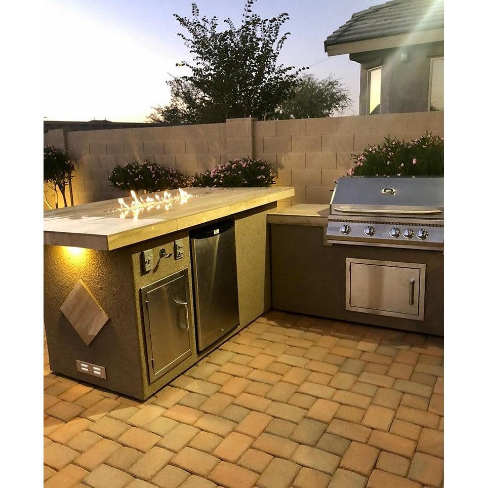 Kokomo Grills Baja L-Shaped Liquid Propane Gas BBQ Island With Fire Pit, 4 Burner BBQ Grill and Refrigerator