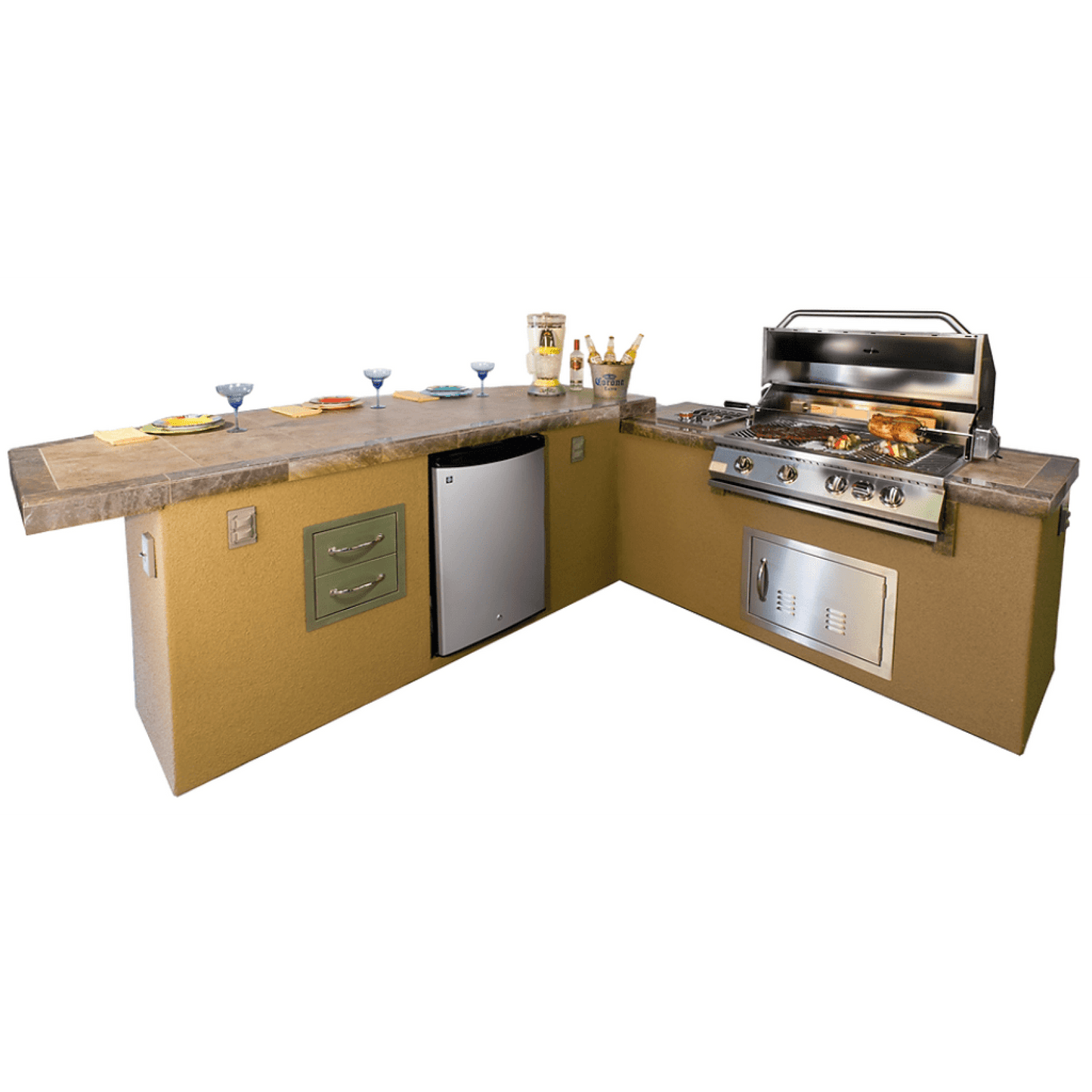 Kokomo Grills Caribbean Natural Gas BBQ Island with 4 Burner Built-in BBQ Grill Refrigerator and Drawers