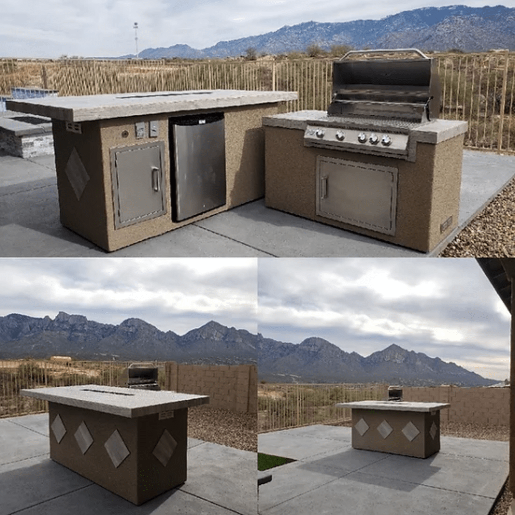 Kokomo Grills L-Shaped Built-In BBQ Island with Firepit, 4 Burner BBQ, and Outdoor Rated Refrigerator