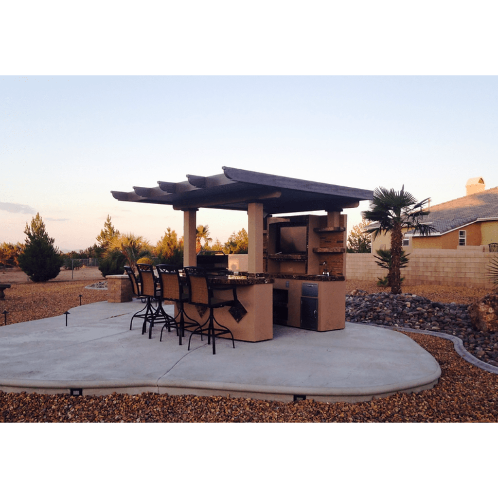 Kokomo Grills Outdoor Kitchen T.V. Media Wall with Pergola and Outdoor Bar Seating Built-In BBQ Island