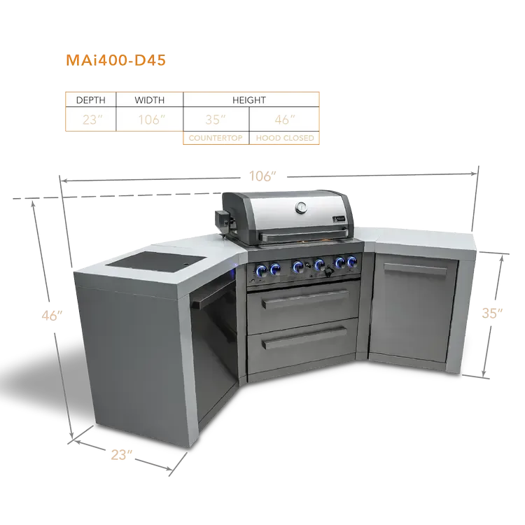 Mont Alpi Deluxe 400 106" Stainless Steel 4-Burner Gas Island Grill With Infrared Side/Rear Burners, Rotisserie Kit, and 45 Degree Corners