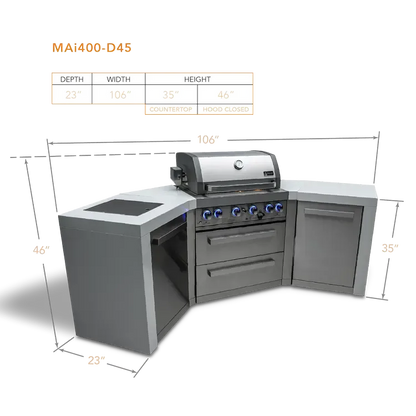 Mont Alpi Deluxe 400 106" Stainless Steel 4-Burner Gas Island Grill With Infrared Side/Rear Burners, Rotisserie Kit, and 45 Degree Corners
