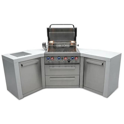 Mont Alpi Deluxe 400 106" Stainless Steel 4-Burner Gas Island Grill With Infrared Side/Rear Burners, Rotisserie Kit, and 45 Degree Corners