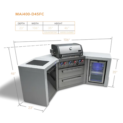 Mont Alpi Deluxe 400 106" Stainless Steel 4-Burner Gas Island Grill With Infrared Side/Rear Burners, Rotisserie Kit, and 45 Degree Corners and Fridge Cabinet