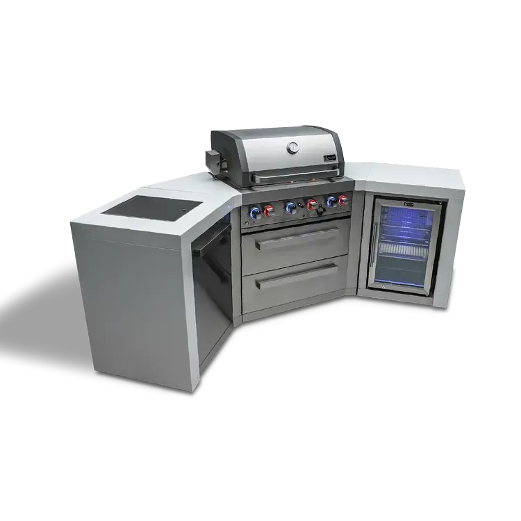 Mont Alpi Deluxe 400 106" Stainless Steel 4-Burner Gas Island Grill With Infrared Side/Rear Burners, Rotisserie Kit, and 45 Degree Corners and Fridge Cabinet
