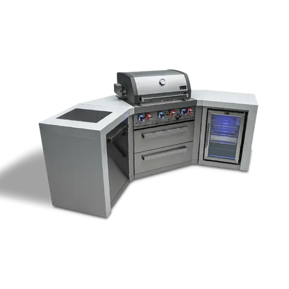 Mont Alpi Deluxe 400 106" Stainless Steel 4-Burner Gas Island Grill With Infrared Side/Rear Burners, Rotisserie Kit, and 45 Degree Corners and Fridge Cabinet