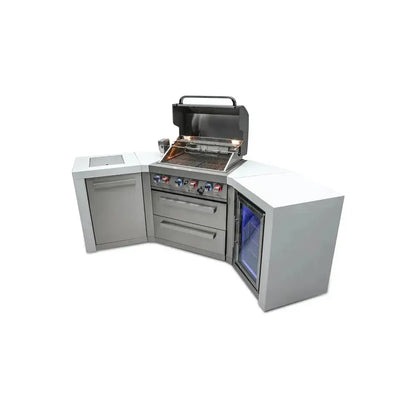Mont Alpi Deluxe 400 106" Stainless Steel 4-Burner Gas Island Grill With Infrared Side/Rear Burners, Rotisserie Kit, and 45 Degree Corners and Fridge Cabinet