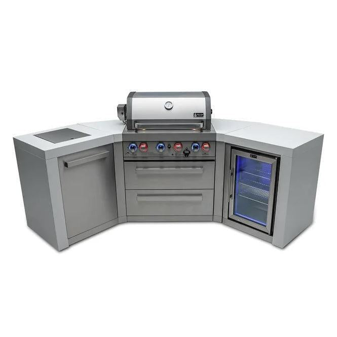 Mont Alpi Deluxe 400 106" Stainless Steel 4-Burner Gas Island Grill With Infrared Side/Rear Burners, Rotisserie Kit, and 45 Degree Corners and Fridge Cabinet
