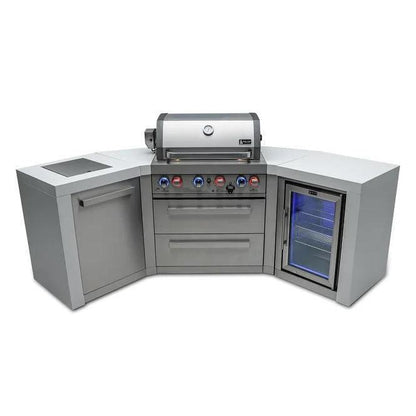 Mont Alpi Deluxe 400 106" Stainless Steel 4-Burner Gas Island Grill With Infrared Side/Rear Burners, Rotisserie Kit, and 45 Degree Corners and Fridge Cabinet