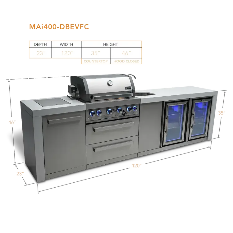 Mont Alpi Deluxe 400 120" Stainless Steel 4-Burner Gas Island Grill With Infrared Side/Rear Burners, Rotisserie Kit, Beverage Center and Fridge Cabinet