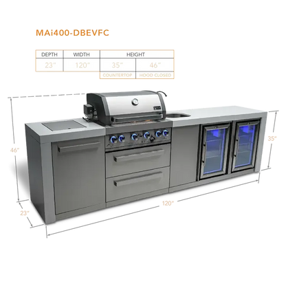 Mont Alpi Deluxe 400 120" Stainless Steel 4-Burner Gas Island Grill With Infrared Side/Rear Burners, Rotisserie Kit, Beverage Center and Fridge Cabinet