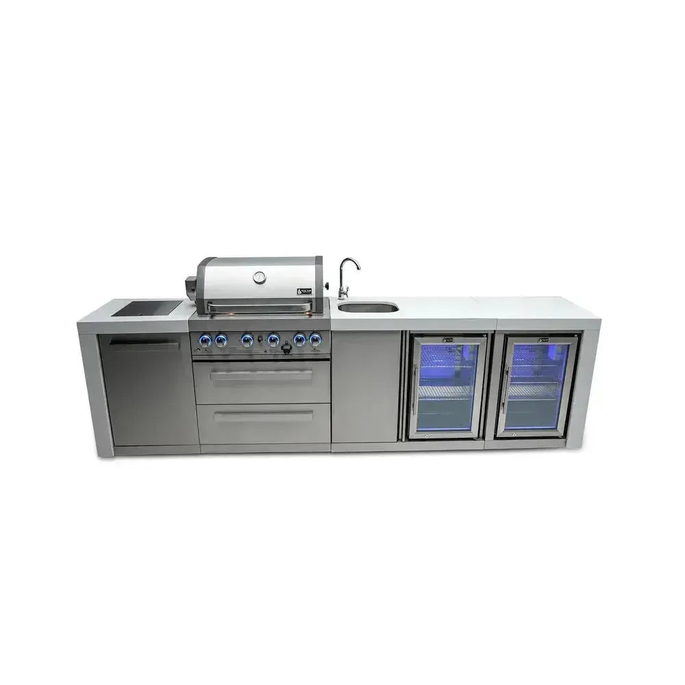 Mont Alpi Deluxe 400 120" Stainless Steel 4-Burner Gas Island Grill With Infrared Side/Rear Burners, Rotisserie Kit, Beverage Center and Fridge Cabinet