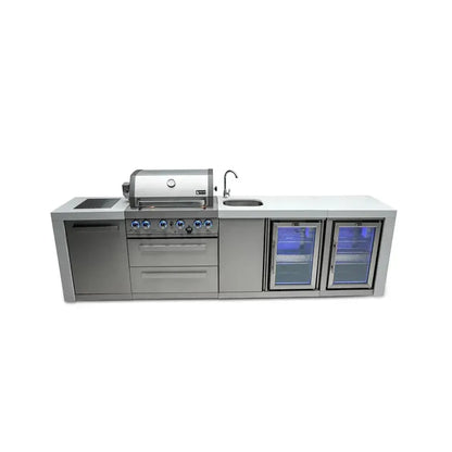 Mont Alpi Deluxe 400 120" Stainless Steel 4-Burner Gas Island Grill With Infrared Side/Rear Burners, Rotisserie Kit, Beverage Center and Fridge Cabinet