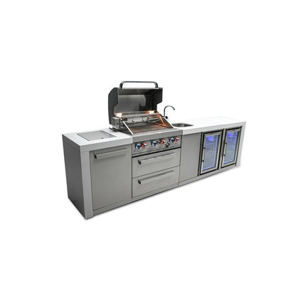 Mont Alpi Deluxe 400 120" Stainless Steel 4-Burner Gas Island Grill With Infrared Side/Rear Burners, Rotisserie Kit, Beverage Center and Fridge Cabinet