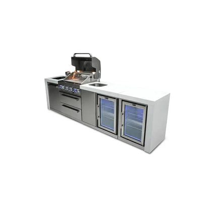 Mont Alpi Deluxe 400 120" Stainless Steel 4-Burner Gas Island Grill With Infrared Side/Rear Burners, Rotisserie Kit, Beverage Center and Fridge Cabinet