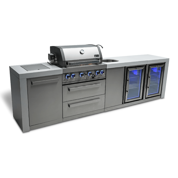 Mont Alpi Deluxe 400 120" Stainless Steel 4-Burner Gas Island Grill With Infrared Side/Rear Burners, Rotisserie Kit, Beverage Center and Fridge Cabinet